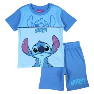 Pijama copii Stitch, Happy, 100% bumbac, albastru multicolor, set cu mânecă scurtă, confortabil